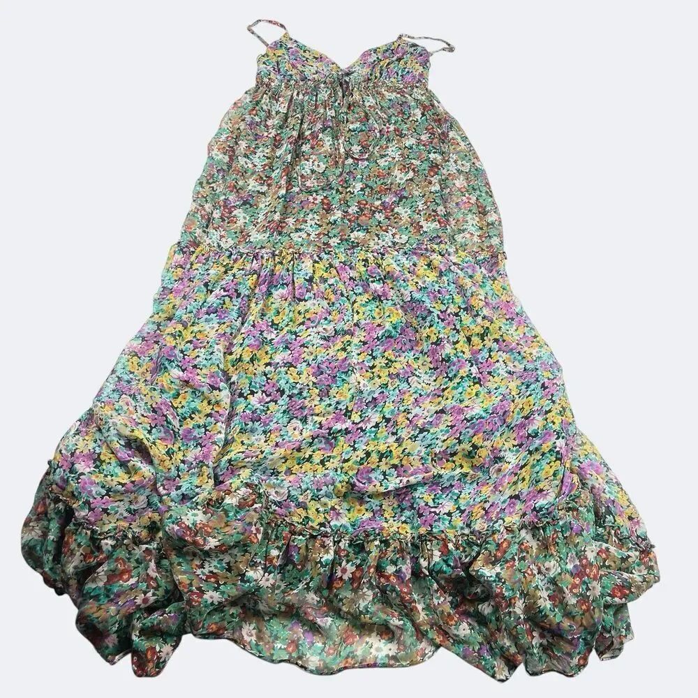 Miss Me Silk Maxi Dress M Boho Cottagecore Ruffle Spaghetti Strap Floral Flowy